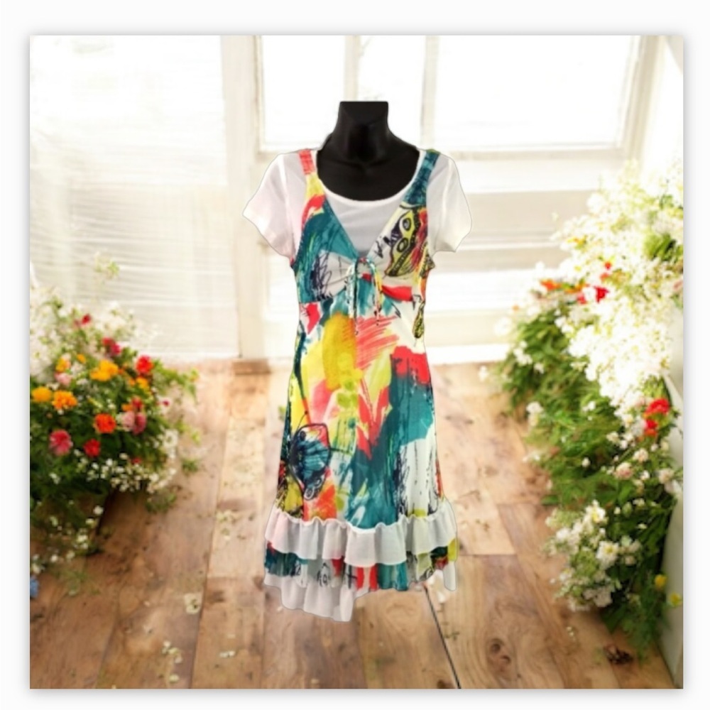 VTG-Y2K-Mesh Overlay Layered Tiered Floral dress -twofer-Sz S-coquette -EUC🌸